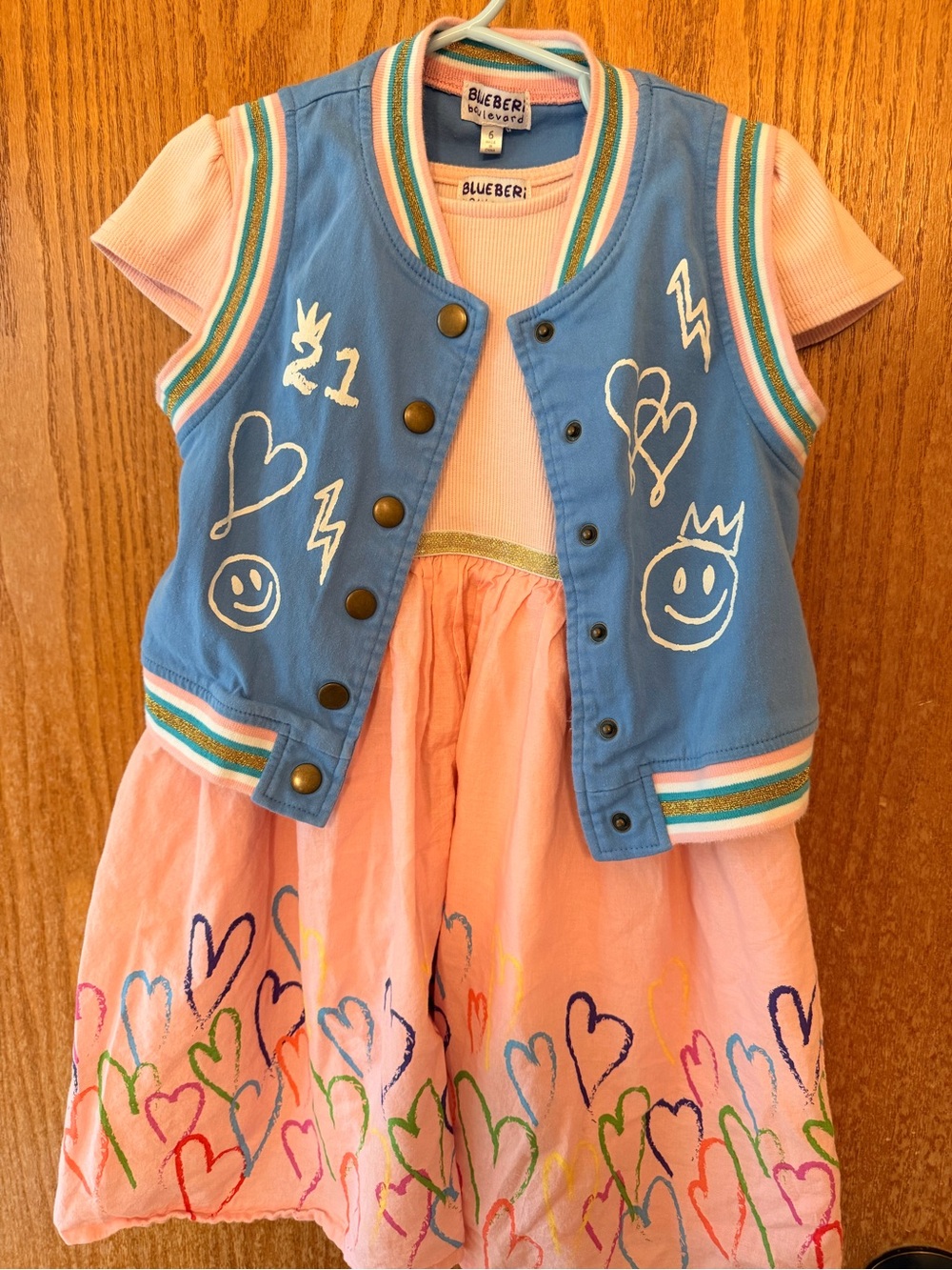 Blueberi Boulevard Pink Dress with Blue Snap Vest and Multicolor Heart Accents